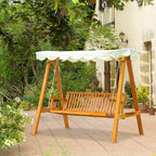 Wooden outdoor swing bench with cream white canopy, slatted seat, and hanging metal chains