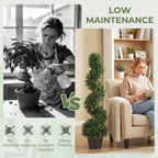 Deep green artificial cypress tree in black pot, tall spiral foliage