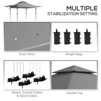 Grey pop-up gazebo kit showing double top cover, ropes, stakes, and weight bags
