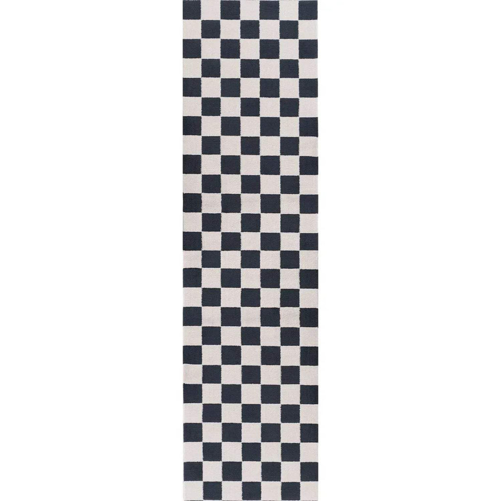 Checkerboard rug with navy and white square pattern and straight border.