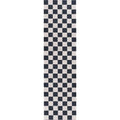 Checkerboard rug with navy and white square pattern and straight border.