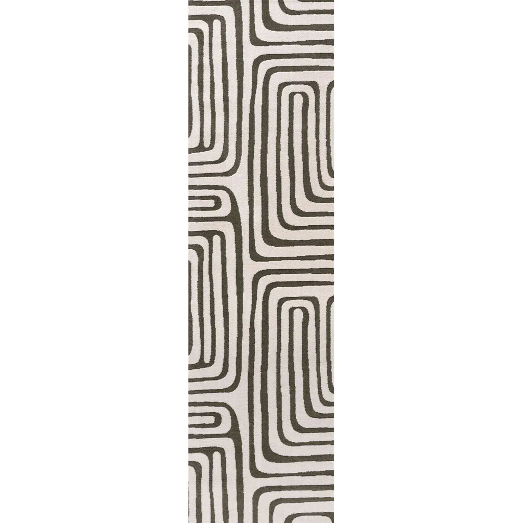 Geometric rug panel with maze-like curving lines in white, black, and olive tones