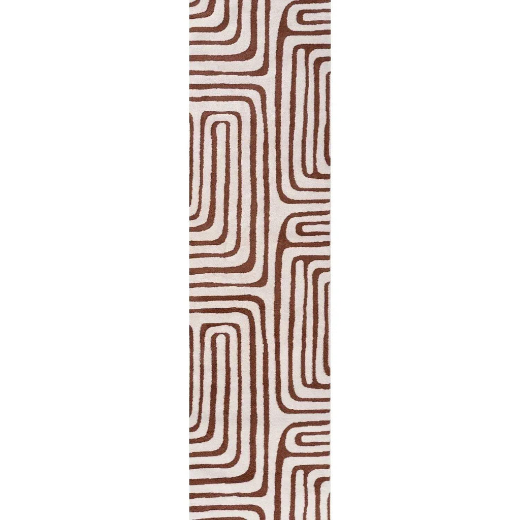 Geometric rug section with terracotta outline lines on cream background