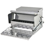 Silver automatic poultry feeder with hinged lid and front opening feeding tray
