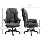 Black faux leather executive chair with white contrast piping, shown with size measurements