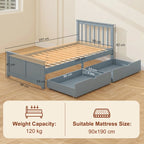 Grey pine single bed frame with pull-out drawers and slatted support