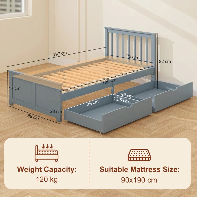 Grey pine single bed frame with pull-out drawers and slatted support