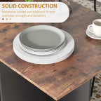 Rustic brown drop-leaf folding dining table with stacked white dishes on top surface.