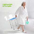 Adjustable-height shower stool with blue seat in use by a person in a bath
