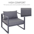 Grey padded outdoor armchair with thick seat cushion and matching back pillow