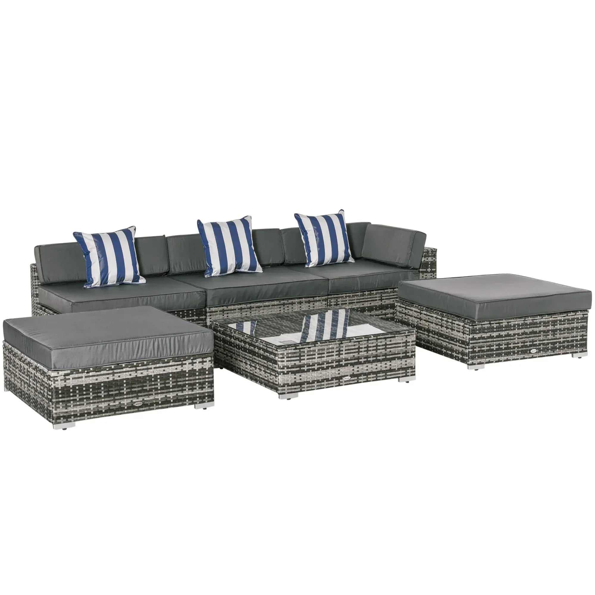 6 PC Rattan Sofa Coffee Table Set Sectional Wicker Weave Furniture for Garden Outdoor Conservatory w/ Pillow Cushion Grey - Bobobiy