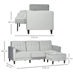 Light grey corner sofa bed with portable footstool, shown with size measurements
