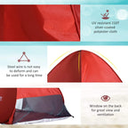 Red beach tent fabric close-up and rear window for ventilation
