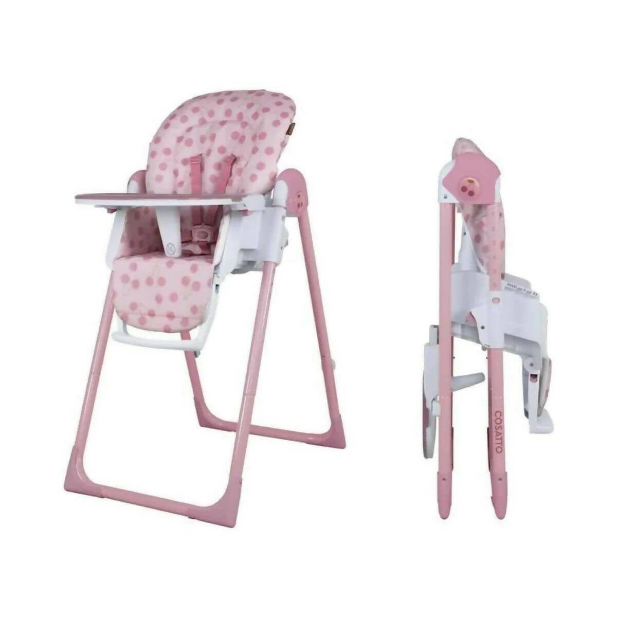 Cherry pattern infant highchair with pink frame, white tray, and adjustable support legs