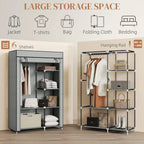 Fabric wardrobe with 6 shelves and hanging rail, shown as a storage space guide
