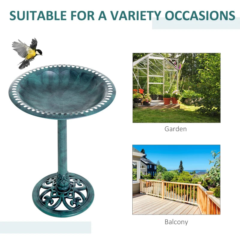 Green garden bird bath feeder stand with scalloped basin and decorative pedestal