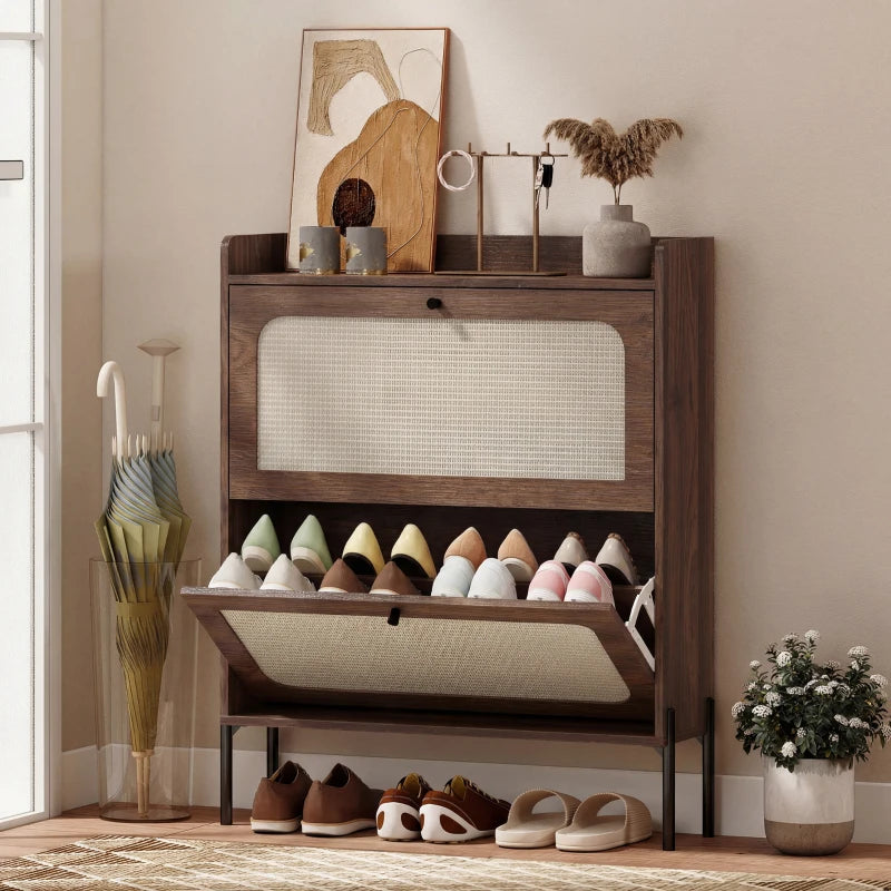 Dark brown shoe cabinet with woven front door, flip drawer open with shoes