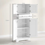 White freestanding cabinet shown with interior shelves and front size measurements