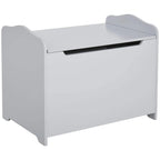 Grey wooden kids toy box with hinged lid and front opening handle cut-out.