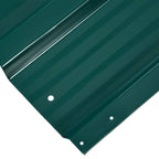 Green corrugated steel roof sheet panel corner with mounting holes