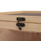 Black metal latch on natural wood panel of a 4-tier hamster cage