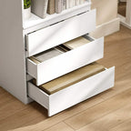 Close-up of white drawer unit on a bookcase with pull-out storage shelves.