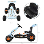 Light blue kids pedal go-kart, front and side views with black seat and orange wheels
