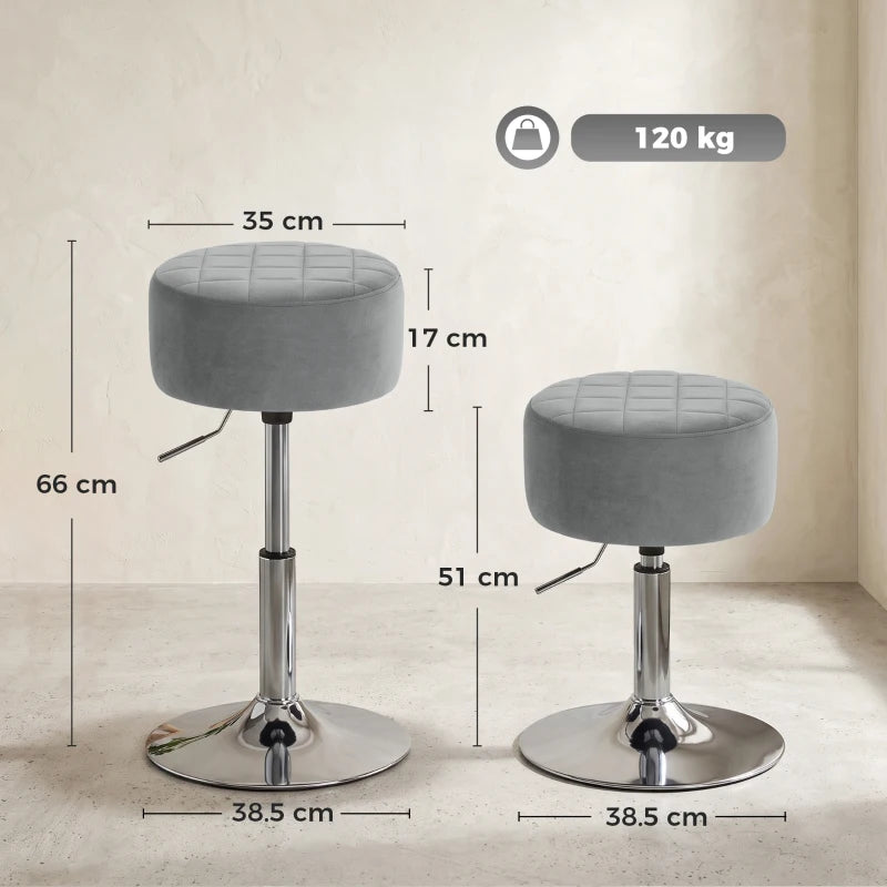 Set of grey round bar stools with height-adjust lever, swivel seat, and chrome pedestal bases