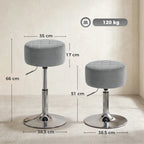 Set of grey round bar stools with height-adjust lever, swivel seat, and chrome pedestal bases
