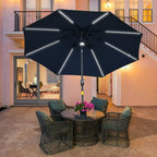 Blue solar LED garden parasol open over outdoor seating set