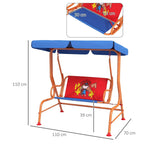 Two-seat kids swing with blue canopy and red cowboy panel, with size measurement lines