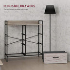 Foldable fabric drawer chest with grey wood-effect drawer front and black steel frame