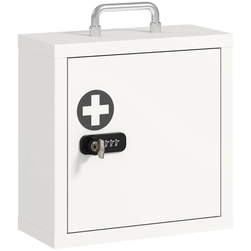White wall medicine cabinet with cross emblem and combination key lock