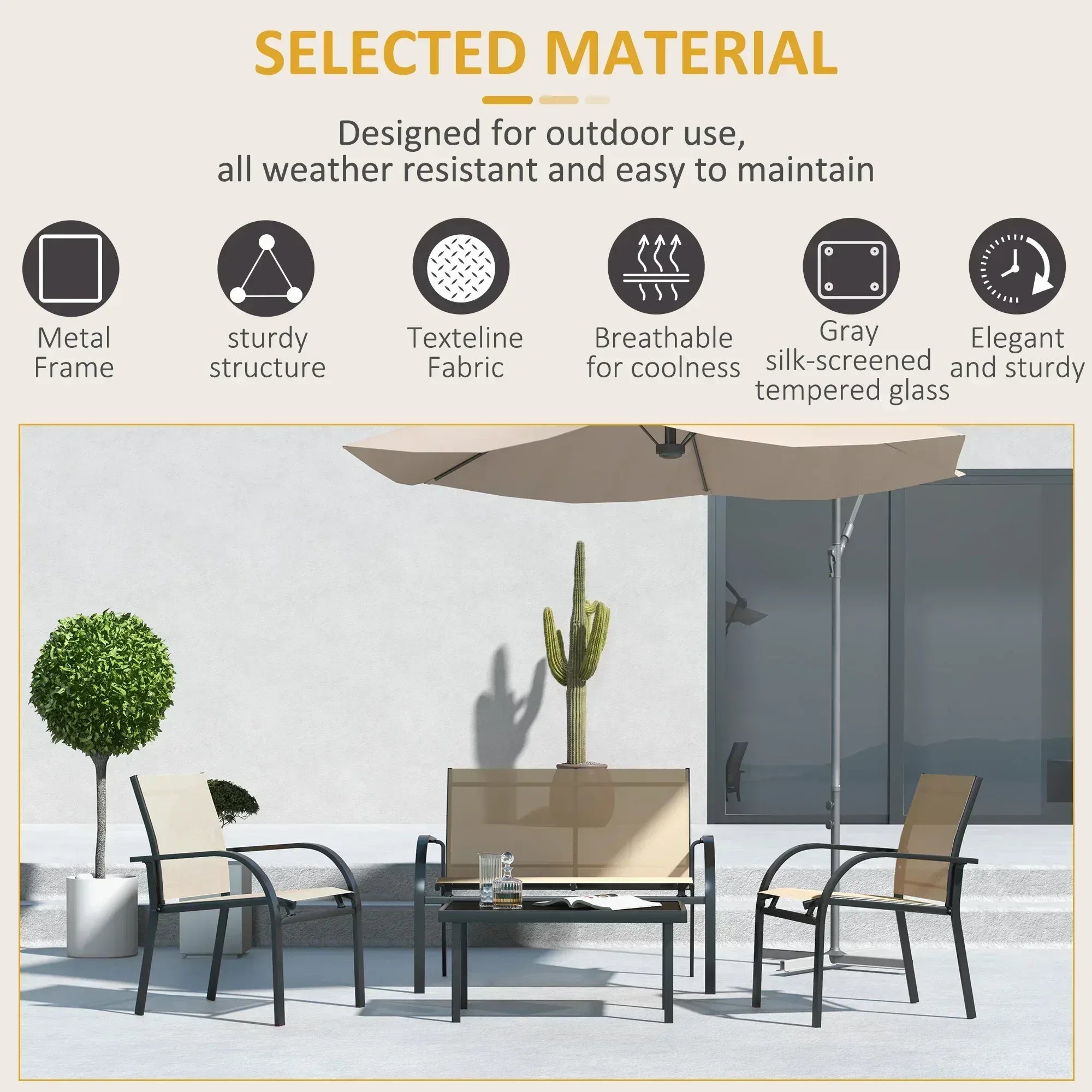 Four-Piece Curved Steel Garden Dining Set - Beige/Grey - Bobobiy
