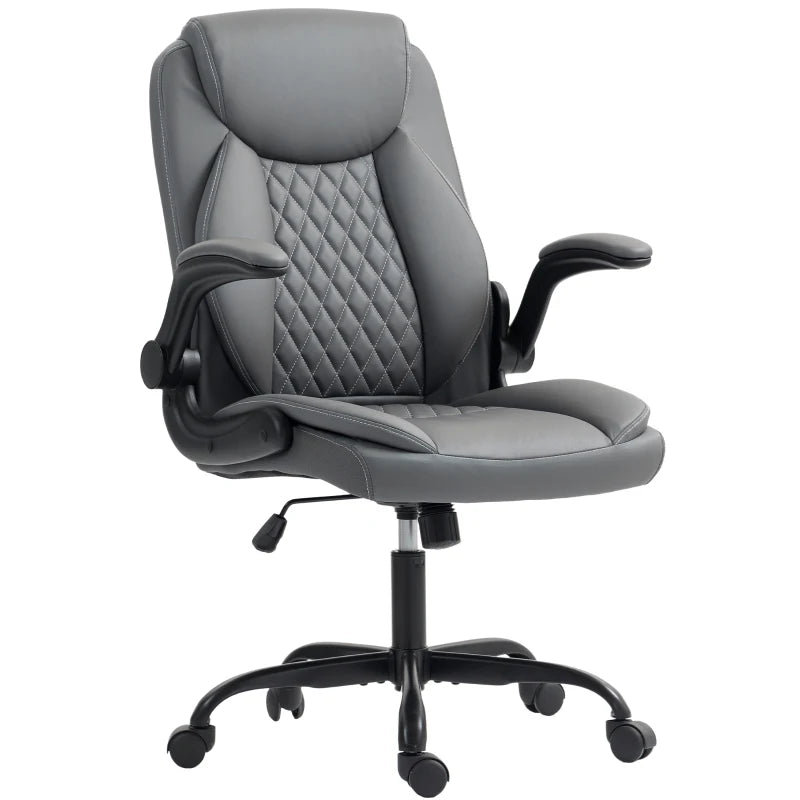 Charcoal grey faux leather office chair with quilted back and flip-up armrests