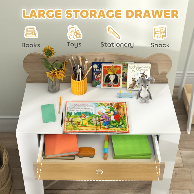 Kids desk and chair set with large storage drawer and bear-themed chair design