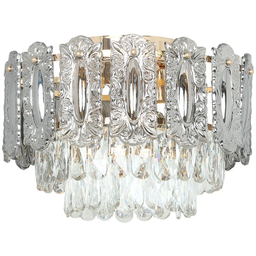 Gold tone flush mount chandelier ceiling light with crystal glass beads and ornate metal frame