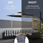 Dark grey cantilever parasol with solar LED lights glowing under the canopy