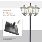Black solar post lantern with solar panel charging and runtime charging graphic