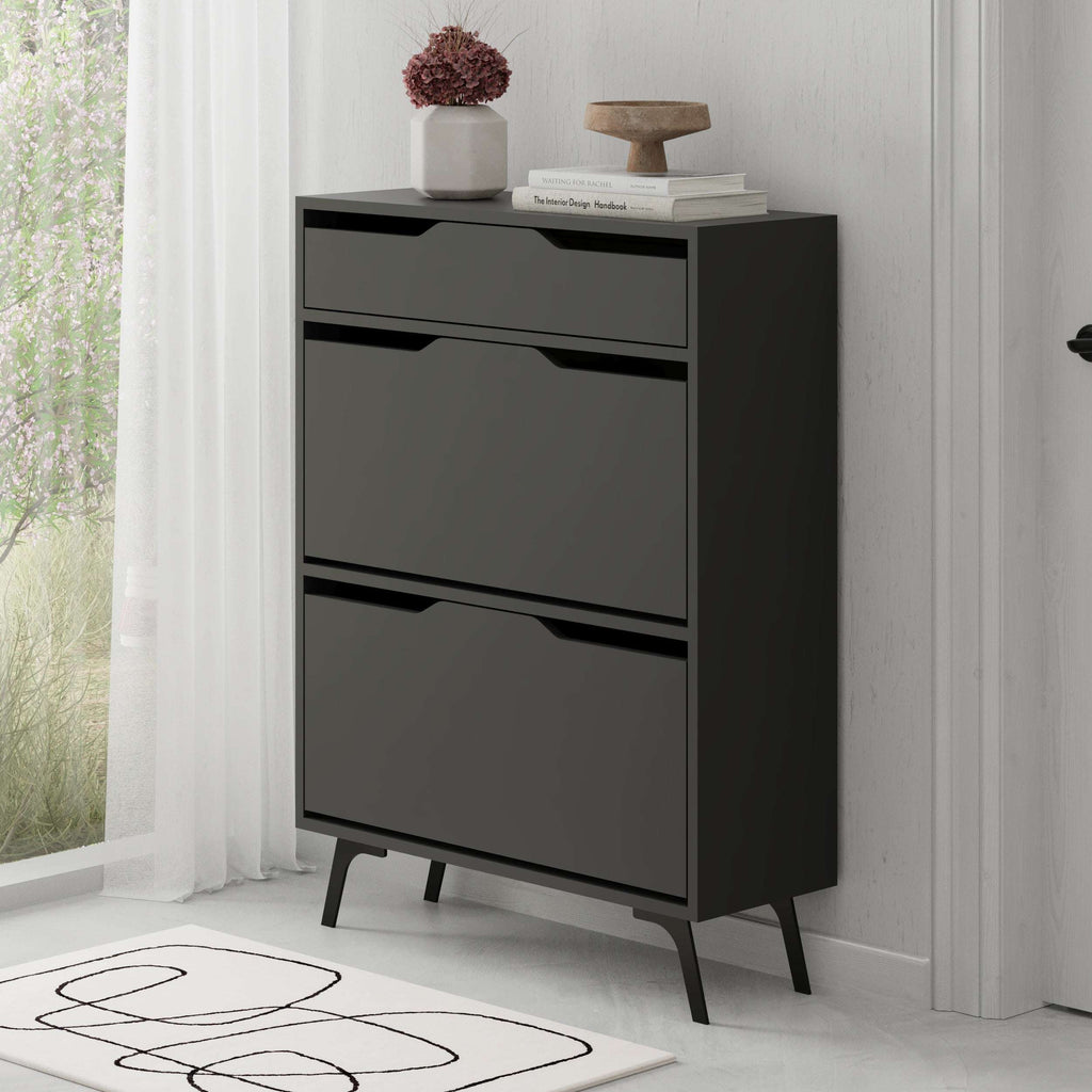 Anthracite modern shoe cabinet with two hinged compartments and sleek front panels.