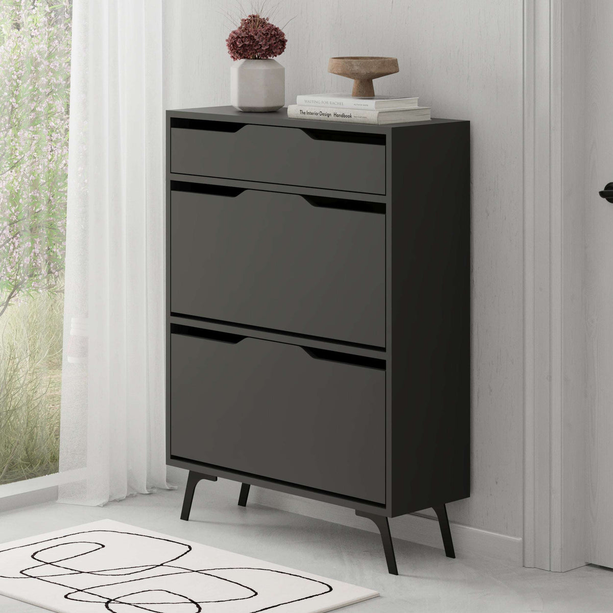 Anthracite modern shoe cabinet with two hinged compartments and sleek front panels.