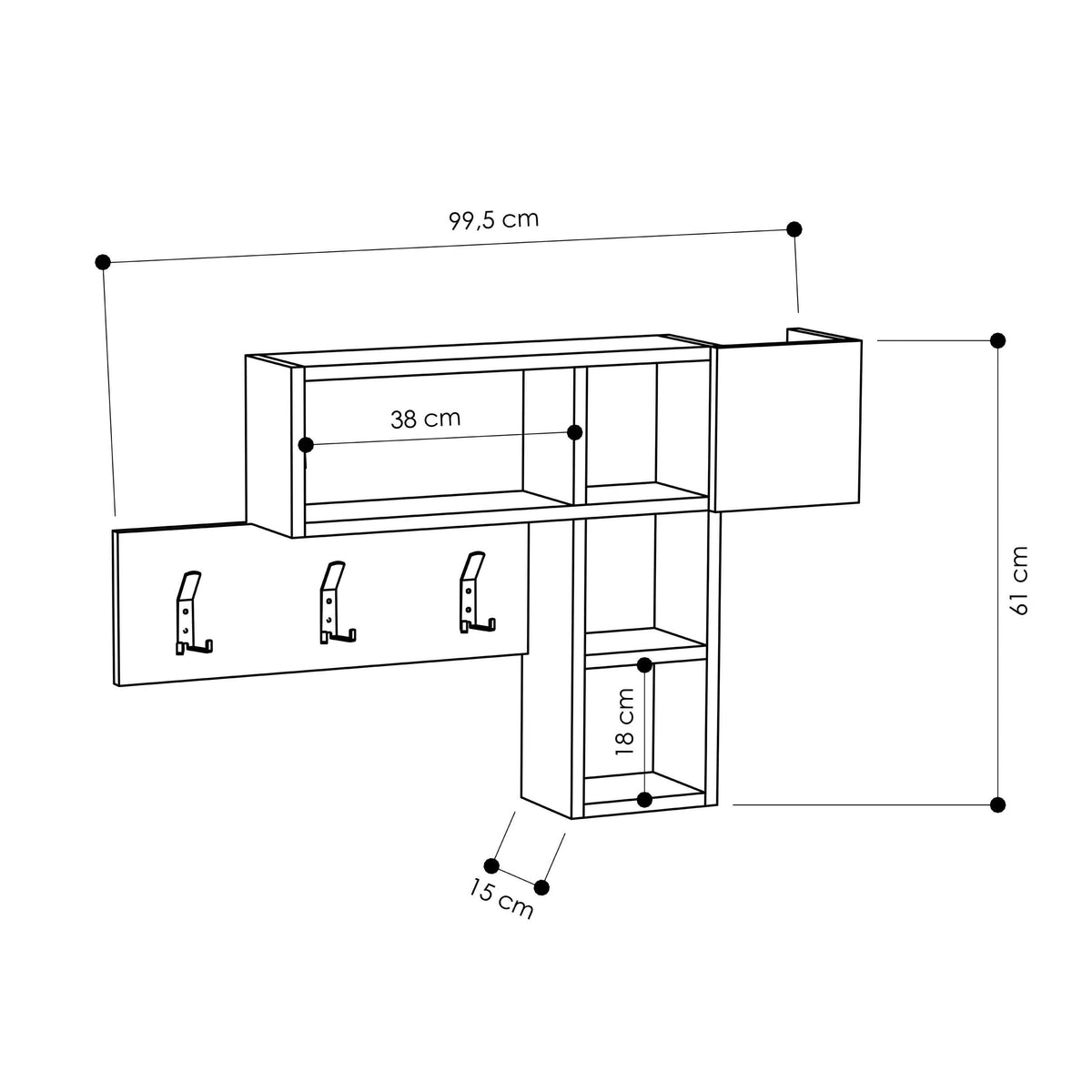 Game hanger wall unit diagram with labeled dimensions and three hook mounting points.