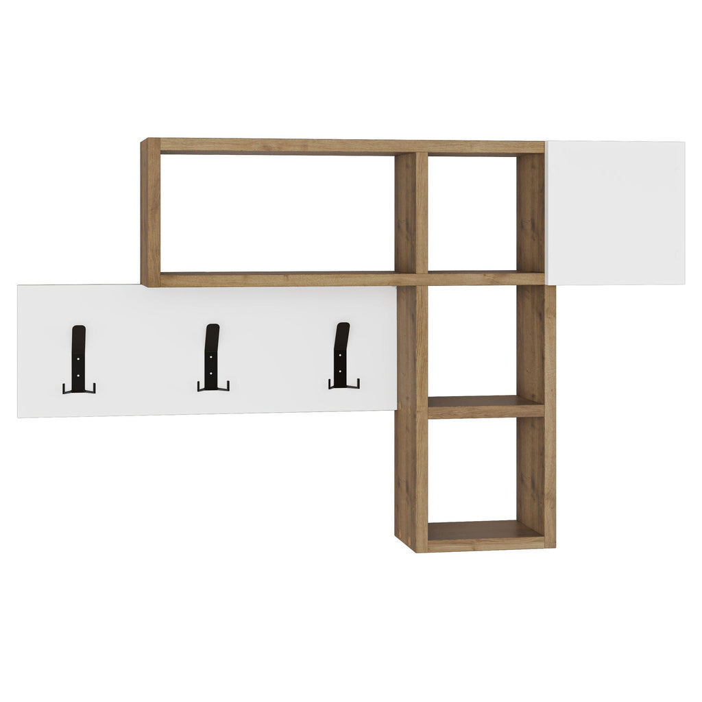 Wall game hanger with three L-shaped hooks and light wood frame, open storage cubes