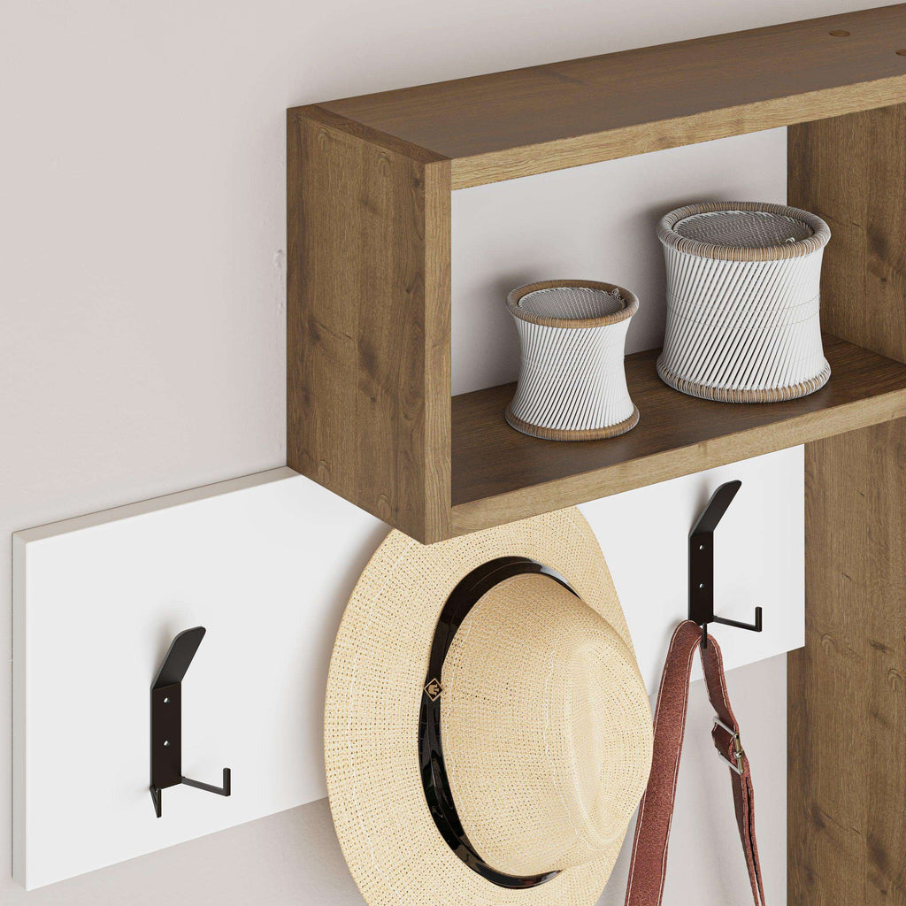 Wood wall game hanger with four hooks, hat shelf, and open cubby compartments