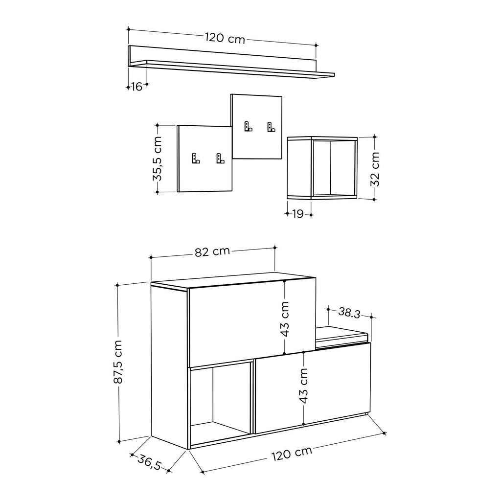 Shoe cabinet with hanger and shelves dimensions diagram (120 cm width)