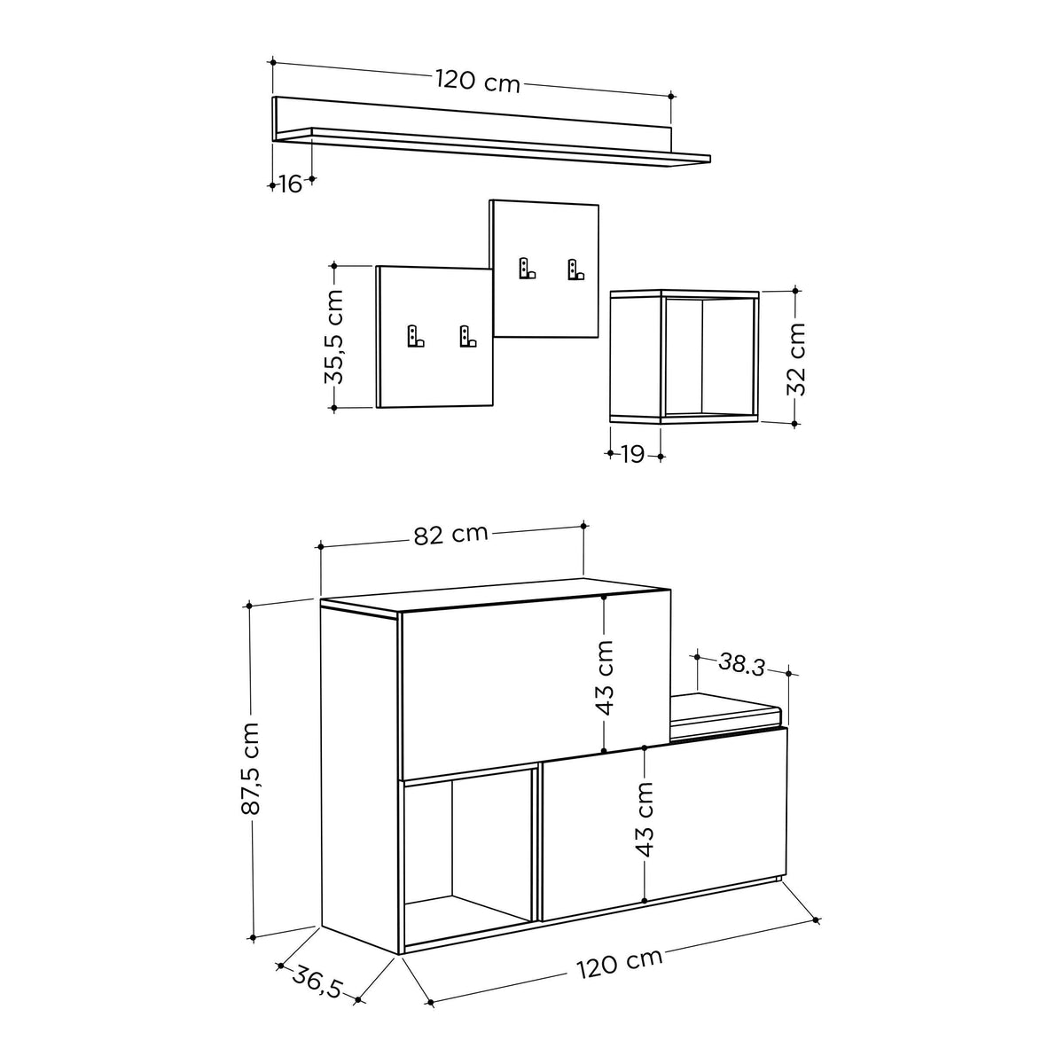Shoe cabinet with hanger and shelves dimensions diagram (120 cm width)