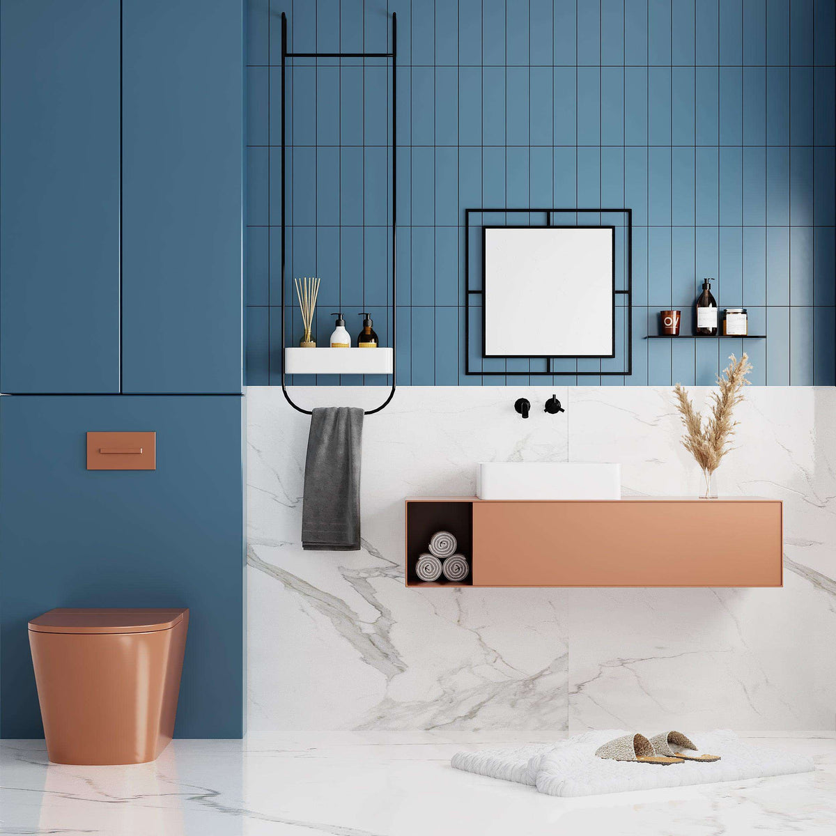 Square wall mirror with gold-toned frame and reflective glass on a tiled wall.