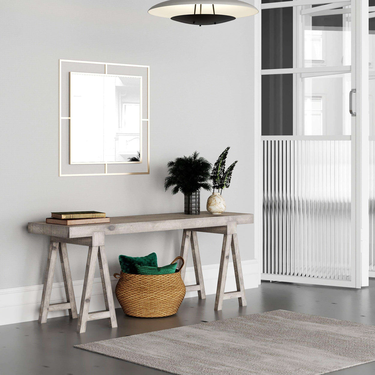 Square wall mirror with light frame and reflective center on a white wall.