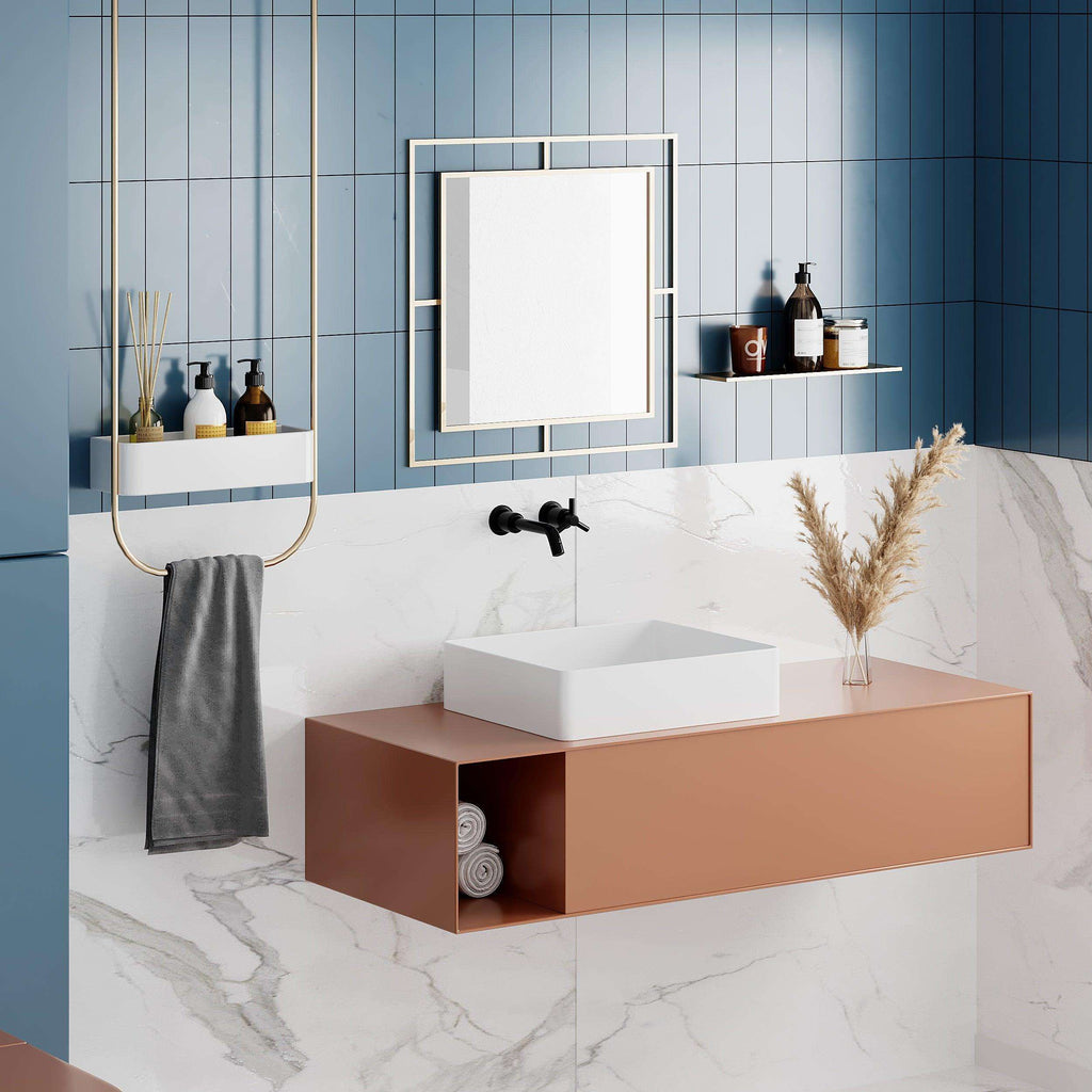 Square wall mirror with thin dark frame and reflective white center.