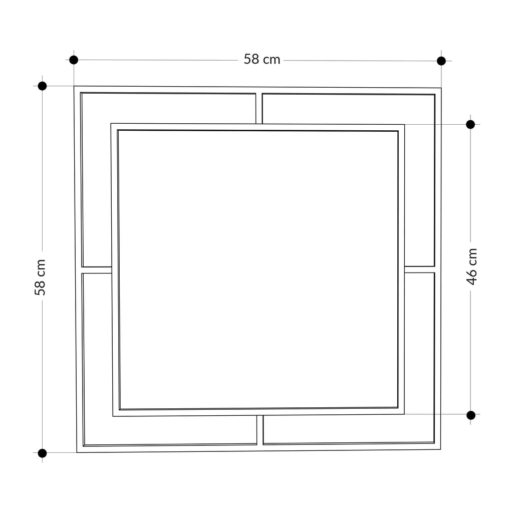 Square mirror dimension diagram, 58 cm by 46 cm, double-line frame.